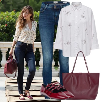 Outfit s Modrá/Lilové barvy/Tmavě modrá/Světle modrá Kožená bunda/Dámské Džíny s Délkou 7/8/Džíny s Nízkým Sedem/Džíny s Dírou/Kožené Boty/Navlékací džíny/Push up Džín/Džíny s Rozparkem/Džín s Nízkým Pasem Only "Lehký outfit"