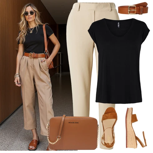 Kombinace Béžová/Khaki/Hnědá Úzká Kalhoty/Skinny Kalhoty/Business Kalhoty/Kalhoty s Vysokým Pasem/Obleková Kalhoty/Mušelínové Kalhoty/Kalhoty se Štěrbinou/Rovná Kalhoty/Twillová Kalhoty/7/8 Kalhoty VERO MODA kombinovat s Černá Tričko/Jednoduchý Top/Neformální tričko/Tričko s vodopádovým výstřihem/Muskulární Tričko/Krátký Top/Tričko s grafikou/Pánské boty Pieces