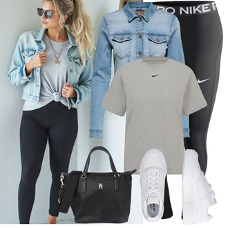 Outfit s Černá/Šedá/Tmavě šedá/Modrá Sportovní Legína/Kožená bunda/Legíny s Podšívkou/Legíny do Posilovny/Teplé Legíny/Běžecká Kalhoty Nike "Outfit na léto"