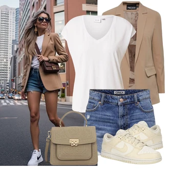 Léto Outfit s Béžová Pieces, Bílá/Krémová Tričko/Jednoduchý top/Tričko s vodopádovým výstřihem/Muskulární Tričko/Košilový top/Tričko s krátkým rukávem/Krátký top/Tričko s grafikou/Pánské boty/Zavinovací Tričko Vila, Modrá/Tmavě modrá/Světle modrá Kalhoty se Štěrbinou/Kalhoty s dírou Only, Béžová/Hnědá/Khaki Pouzdro/Peněženka Kazar "Outfit na Léto"