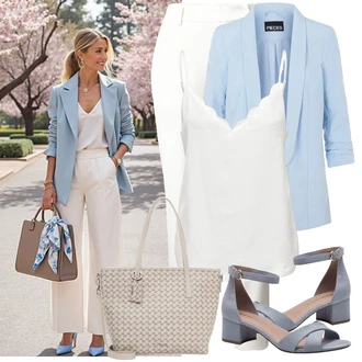 Outfity pro baculky Jaro s Krémová/Bílá/Khaki Boyfriend Kalhoty/Obleková Kalhoty/Navlékací Kalhoty/Ležérní Kalhoty/Kalhoty s Vysokým Pasem/Kalhoty se Štěrbinou/Úzká Kalhoty/Business Kalhoty/Rovná Kalhoty/Chinos/Mušelínové kalhoty Object "Outfit na léto"