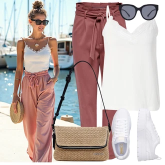 Léto Outfit s Fialová/Růžová/Červená Paperbag Kalhoty/Mrkvová Kalhoty/Mušelínové kalhoty/Kalhoty s Vysokým Pasem Only, Černá/Tmavě modrá/Šedá/Modrá Sluneční Brýle HAWKERS, Šedá/Bílá Teniska na platformě/Nízká Teniska Puma "Outfit na Léto"