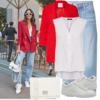 Elegantní Outfit s Červená/Tmavě červená Oversize Sako/Boyfriend Sako/Dlouhý Sako/Teplákový blejzr/Kožená bunda pro muže Pieces "Outfit na léto"Look: Univerzitní, Cool, Elegantní, Burleska, Disko