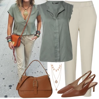 Léto Outfit s Béžová/Khaki/Hnědá 7/8 Kalhoty/Kalhoty se Štěrbinou/Bengaline Kalhoty/Kalhoty s nášivkou uprostřed/Navlékací Kalhoty/Mušelínové kalhoty/Chinos/3/4 Kalhoty/Úzká Kalhoty/Rovná Kalhoty VERO MODA, Hnědá/Béžová Furla, Tmavě zelená/Zelená/Tyrkysový Halenka Móda Pro Plnoštíhlou/Tunika Only, Růžová/Zlatý Sada šperků/Náhrdelník/Bohatě zdobený náhrdelník/Statement náhrdelník Pilgrim "Outfit na Léto"