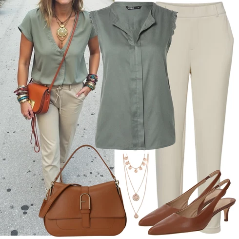 Kombinace Béžová/Khaki/Hnědá Rovná Kalhoty/Chinos/3/4 Kalhoty/Bengaline Kalhoty/Navlékací Kalhoty/Úzká Kalhoty/Mušelínové kalhoty/Kalhoty s nášivkou uprostřed/Kalhoty se Štěrbinou VERO MODA