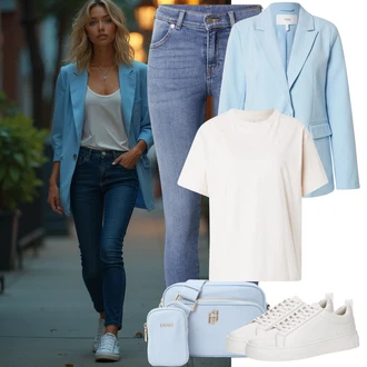 Outfit s Modrá/Světle modrá Kožená bunda/Džíny s Rozparkem/Džíny s Nízkým Sedem/Zimní bunda/Kožené Boty/High Waist Džínové Kalhoty/Slim Fit Džíny/Zkrácené Džíny/Kotníková Bota/Push up Džín Dr. Denim "Letní oblečení"