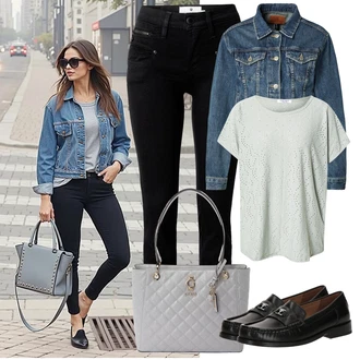Styl Outfit s Černá/Tmavě modrá/Bílá Slim Fit Džíny/Motorkářské Džíny/High Waist Džínové Kalhoty/Džíny s Rozparkem/Džíny s Nízkým Sedem/Push up Džín/Kožená bunda/Kožené Boty/Termální Džíny/Zimní bunda Freeman T. Porter "Lehký outfit"