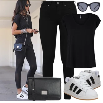 Léto Outfit s Černá Tričko/Jednoduchý top/Neformální tričko/Tričko s vodopádovým výstřihem/Muskulární Tričko/Krátký top/Tričko s grafikou/Pánské boty Pieces, Černá/Tmavě modrá/Šedá/Modrá Sluneční Brýle HAWKERS "Outfity na volný čas"