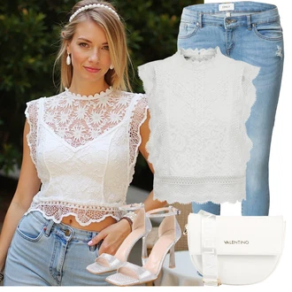 Outfit s Šedá/Bílá/Krémová Halenka a Tunika Tunika/Tričko & Top Móda Pro Plnoštíhlé/Halenka Móda Pro Plnoštíhlou/Pletenina veľkej veľkosti Only "Outfity na volný čas"