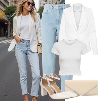 Elegantní Outfit s Bílá Elegantní Sako/Kožená Pánská Bund/Kožená bunda pro muže/Boyfriend Sako/Smokingové sako/Bavlněný Sako/Blejzrové Bund/Krátké Sako/Blůzové Sako/Neformální Sako/Teplákový blejzr Ichi "Letní oblečení"Look: Business, Kancelář, Elegantní, Klasické