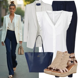 Rockový Koncert Outfit s Béžová Espadrille sandál/Platform Sandal/Sandál se třpytkami/Pohodlný Sandál/Římská sandála/Letní Bota/Přezková bota bayton "Perfektní kancelářský outfit"Look: Blokování barev, Ležérní, Šik, Cool, S Metall, Nadrozměrné, Rockový, Unisex, Bar, Den na pláži, Koncert, Festival, Škola, Malle, 30. narozeniny