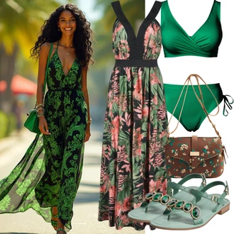 Outfity pro léto Svatební host s Světle zelená/Zelená Sandál Na Podpatku/Páskový Sandál/Sandály na hřídeli/Sandál s podpatkem/Lodička S Páskem warehouse, Vícebarevný Plisované Šaty/Šaty se spodničkou/Mullet šaty/Tylové šaty nocturne "Plážový outfit"