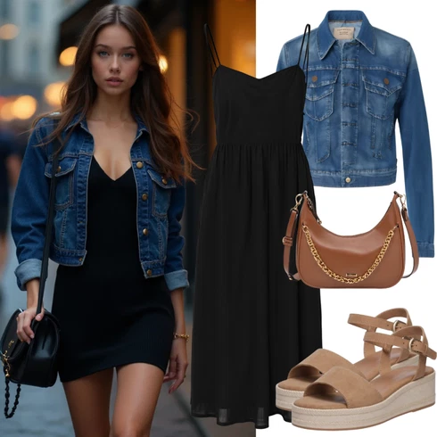 Denim Jakne kombinirajte z Črna Mrežasta oblačila/Dolga pletena obleka VERO MODA, Modra/Svetlo modra Denim Jakne/Vintage Jakne/Kratke Denim Jakne answear lab, Rjava Vojaške torbe Brandit