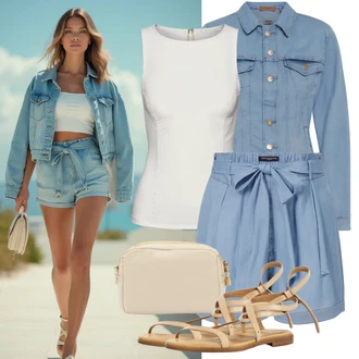 outfit mit Modra/Rjava/Škrlatna/Bela Paperbag-kratke hlače/Kratke hlače Musselin/Lanene kratke hlače/Baggy kratke hlače/Kratke hlače z visokim pasom/Kratka Hlača DeFacto, Modra/Svetlo Modra Denim Jakna/Vintage Jakna/Kratka Denim Jakna answear lab "Poletni videz za vsakdanjo uporabo"