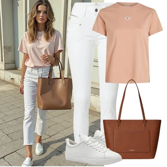 Outfit s Bílá/Krémová/Šedá Teniska Kožené Tenisky/Nízká Teniska/Úzká Teniska Tamaris "Lehký outfit"