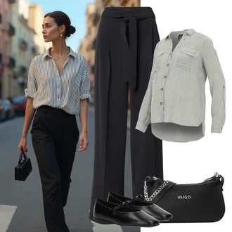 Outfit s Černá/Tmavě modrá/Modrá Obleková Kalhoty/Plisovaná kalhoty/Mušelínové kalhoty/Kalhoty s Vysokým Pasem/Kalhoty se Štěrbinou/Rovná Kalhoty/Plisovaná Kalhoty/Business Kalhoty/Marlene Kalhoty Boss "Elegantní letní outfit"