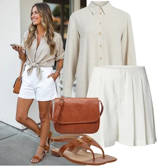 Pričest Outfit sa Bijela/Kaki Duga Bluza/Bluza od Samta/Len Blúza/Bluza s gumbom/Bluza Dugih Rukava Object "Dopadljivi ljetni outfit"Look: Sprovod, Posvetiteljstvo mladih, Gala, Potvrda, Ramazán bájram, dan na plaži, 40. rođendan, Koncer, Pričest, Brvnare, Škola