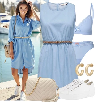 Dlouhé Outfit s Bílá/Béžová/Khaki/Zlatý Pásková taška/Ledvinka/Klasická Taška Přes Rameno/Malá Taška/Taška na telefon/Brašna/Sportovní Taška Přes Rameno About You "Vkusný letní outfit"