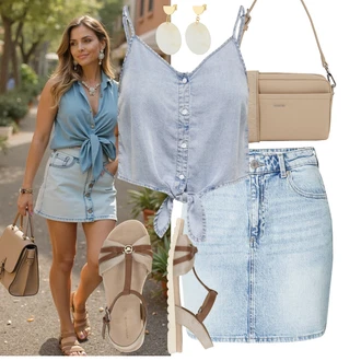 Zapínání na knoflíky Outfit s Světle modrá/Modrá Tričko & Top Krátký top/Halenka Bez Rukávů/Pánské boty/Top Se Špagetovými Ramínky/Košilový top Only "Vkusný letní outfit"