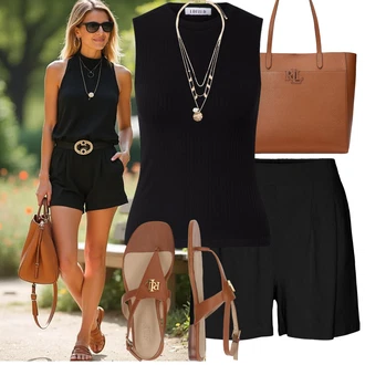 Léto Outfit s Černá Košile Šortky/Vysoký pas Kraťasy/Mušelínové Šortky/Pytlovitý Šortky VERO MODA "Vzhled casual"