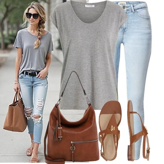 Prugasto Outfit sa Svjetlosiva/Siva Majica I Top Veći Broj/Bluza Veći Broj/Tunika Pieces "Moderan look za slobodno vrijeme"