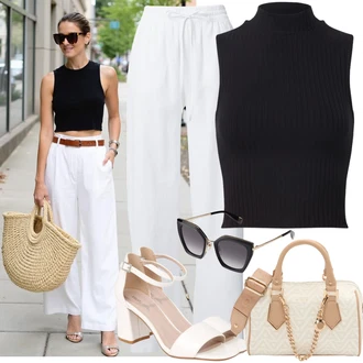 Outfit sa Crna/Tamnoplava Skraćena Majica bez rukava/Majica S Visokim Okovratnikom/Muške cipele/Pleteni top/Top Bez Rukava Edited "Ležerni look"