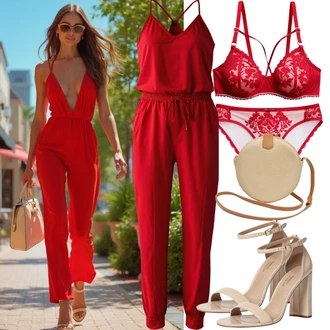 50. rođendan Gost Outfit sa Crvena Kombinezon širokih nogavica/Elegantni kombinezon/Svečani kombinezon/Kombinezon s halterima/Ljetni kombinezon Lascana "Savršeno za ljeto"Look: dan na plaži, Majčin dan, 50. rođendan, 40. rođendan, 30. rođendan, Koncer, Valentinovo, Festival, Rođendan, Posebne prigode, 70. rođendan