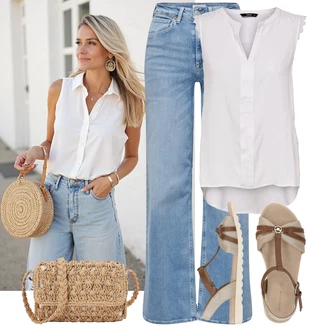 Outfit s Bílá/Šedá/Hnědá Halenka Móda Pro Plnoštíhlou/Halenka a Tunika Tunika Only "Letní květiny"