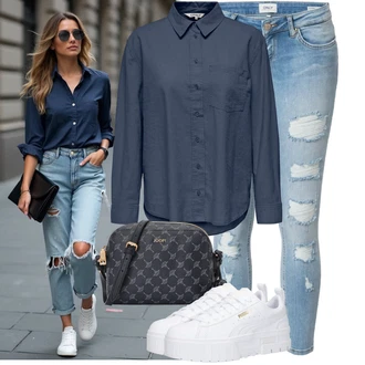 Outfit sa Svjetloplava/Plava Kožna Jakna/Kožne jakne/Traperica Niskog Struka/Čizma do Gležnja/Traperice s Rupom/Push-up Traperice/Traperice s Prorezom Only "Cool za slobodno vrijeme"
