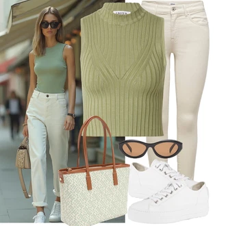 Outfit sa Bež/Kaki/Bijela Traperica Niskog Struka/Traperice s Prorezom/Push-up Traperice/Bikerske Traperice/Traperice Slim Kroja/Kožne Cipele/Termo Traperice/Traperica Niskog Struka Only "Cool za slobodno vrijeme"