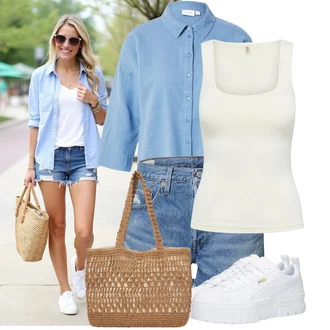 Zpátky do školy Outfit s Modrá/Světle modrá Lněná Halenka/Halenka S 3/4 Rukávem/Jednobarevná Halenka Vila "Cool outfity na volný čas"Look: Bar, Zpátky do školy, Křest, Svátost oltářní, Biřmování, Galavečer, Bazén, Škola, Den matek