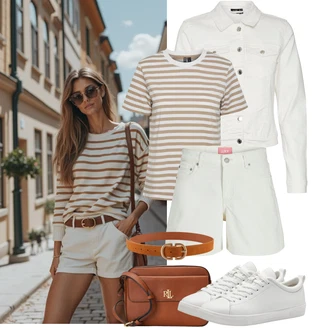 Prugasto Outfit sa Bež/Smeđa Majica I Top Veći Broj/Bluza Veći Broj Pieces "Outfit na léto"