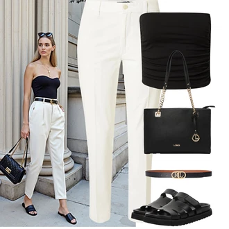 Koncer Outfit sa Crna Carmen košulja/Majica s vodopadnim izrezom/Majica bez ramena/Bustijer-top Edited, Crvena/Smeđa/Crna/Zlatni Klasični Remeni/Ženski Opasak bez Kopče/Kožni Remen/Ležerni Remen Polo Ralph Lauren "Outfit na léto"Look: Bar, Koncer, Novogodišnja noć