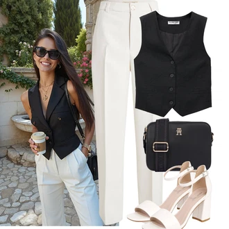 Outfit sa Smeđa/Crvena/Bijela/Krem Sandale Sandalice s blok petom/Sandala s petom About You "Outfit na léto"