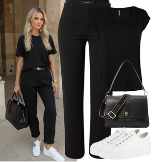 Léto Outfit s Černá Kalhoty s 5 kapsami/Business Kalhoty/Boyfriend Kalhoty/Rovná Kalhoty/Pohodlná Kalhoty/Obleková Kalhoty/Žerzejová Kalhoty/Dlouhá Kalhoty/Úzká Kalhoty/Bengaline Kalhoty VERO MODA, Černá Tričko/Jednoduchý top/Neformální tričko/Tričko s vodopádovým výstřihem/Muskulární Tričko/Krátký top/Tričko s grafikou/Pánské boty Pieces, Bílá/Krémová/Stříbrný Nízká Teniska/Teniska na platformě/Kožené tenisky/Tenisky s Bočním Zipem/Úzká teniska/Plátěná teniska Paul Green "Outfit na Léto"