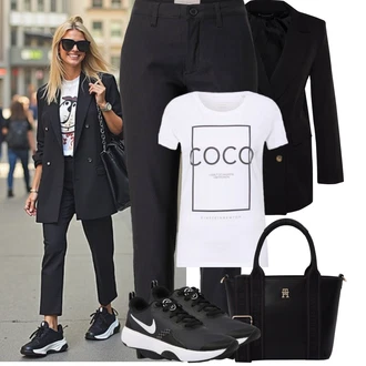 Léto Outfit s Černá/Tmavě modrá/Khaki/Tmavě šedá Bengaline Kalhoty/Business Kalhoty/Kalhoty s nášivkou uprostřed/Obleková Kalhoty/Kalhoty s Vysokým Pasem/Jeggings/Mušelínové kalhoty/Kalhoty se Štěrbinou/Skinny Kalhoty/Úzká Kalhoty/Rovná Kalhoty/Twillová Kalhoty Freequent, Šedá/Červená/Bílá/Černá/Hnědá Fancy tričko/Těhotenské tričko/Košile s potiskem/Tričko s nápisem einstein & newton "Letní oblečeníм"