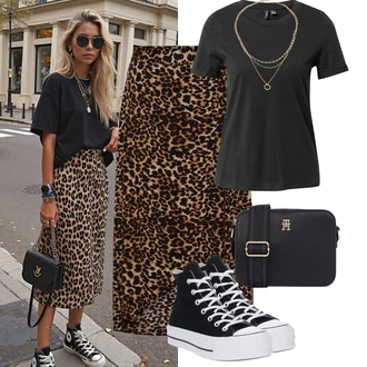Koncer Outfit sa Crna/Tamnosiva/Tamnozelena/Siva Majica za treniranje/Top za plažu/Majica/Tunika za Plažu/Ležerna majica/Majica za plažu/Majica kratkih rukava/Muške tenisice za trčanje/Funkcionalna majica VERO MODA "Outfit na léto"Look: Bar, Krštenje, Koncer, Škola
