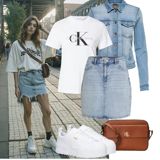 Léto Outfit s Hnědá/Červená/Zlatý Polo Ralph Lauren, Šedá/Bílá Teniska na platformě/Nízká Teniska Puma, Světle modrá/Modrá Krátké Džínové Bundičky/Vintage Bund/Džínové Bund Only, Bílá/Krémová/Zelená/Khaki Mužské běžecké boty/Neformální tričko/Fancy tričko/Těhotenské tričko/Košile s potiskem/Tričko s krátkým rukávem/Sportovní tričko/Tričko s nápisem Calvin Klein, Světle modrá/Modrá Džínová Sukně/Džínová vintage sukně/Krátká Sukně Vila "Outfit na Léto"