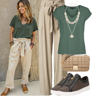 Outfit s Zelená/Tmavě zelená Tričko s vodopádovým výstřihem/Jednoduchý top/Zavinovací Tričko/Tričko s krátkým rukávem/Košilový top/Tričko/Pánské boty/Top Na Party/Krátký top VERO MODA "Outfit na léto"