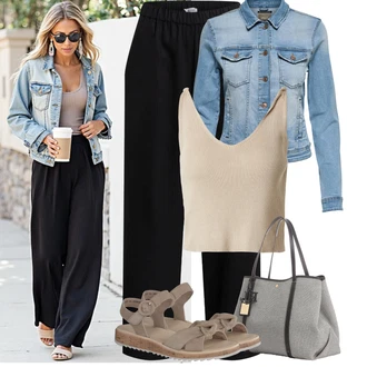 Koncer Outfit sa Crna/Tamnoplava Tradicionalna Hlača/Baggy Hlače/Muška Kožna Jakna/Jersey Hlača/Hlače od muslina/Slinky Hlača/Slip-on Hlača Edited "Outfit na léto"Look: Škola, Koncer