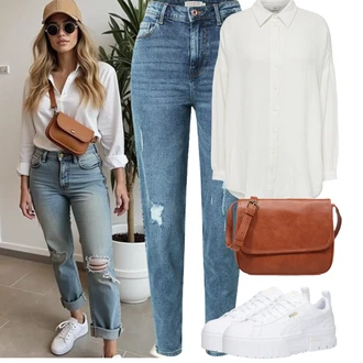 Outfity s boyfriend džínami Léto s Světle modrá/Modrá High Waist Džínové Kalhoty/Kotníková Bota/Boyfriend Džínové kalhoty/Džíny s Rozparkem/Kožené bundy/Džíny s Dírou/Girlfriend Džíny Pieces, Hnědá/Béžová Bagetová taška/Taška/Klasická Taška Přes Rameno/Taška Na Notebook/Kancelářská Taška/Brašna/Sportovní Taška Přes Rameno About You, Šedá/Bílá Teniska na platformě/Nízká Teniska Puma "Outfit na Léto"