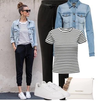 Léto Outfit s Černá/Khaki/Tmavě zelená GARCIA, Světle modrá/Modrá Krátké Džínové Bundičky/Vintage Bund Only, Černá/Bílá/Tmavě modrá Pruhované Tričko JdY "Outfit na Léto"