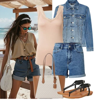 Outfity pro zábavu Od 40 let s Modrá/Světle modrá Vintage Bund/Džínové Bund/Krátké Džínové Bundičky VERO MODA, Béžová/Růžová/Hnědá Halenka Bez Rukávů/Krajkované tričko/Krajkový Top/Top Na Party/Pánské boty/Top Se Špagetovými Ramínky Pieces, Modrá/Světle modrá/Tmavě modrá Nezařazené Noisy may "Outfit na léto"