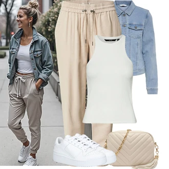 Léto Outfit s Světle modrá/Modrá Krátké Džínové Bundičky/Džínové Bund Only, Béžová/Khaki/Hnědá Ležérní Kalhoty/Jogger Kalhoty/Cargo Tepláky/Baggy Kalhoty/Kožená Pánská Bund/Fleecová Kalhoty/Žerzejová Kalhoty/Navlékací Kalhoty Only, Bílá/Stříbrný/Krémová/Šedá/Světle zelená/Khaki Pánské boty/Top bez ramínek/Halenka Bez Rukávů/Tričko s grafikou/Tílko VERO MODA, Bílá/Béžová/Khaki/Zlatý Pásková taška/Ledvinka/Klasická Taška Přes Rameno/Malá Taška/Taška na telefon/Brašna/Sportovní Taška Přes Rameno About You, Bílá Nízká Teniska/Úzká teniska/Kožené tenisky/Teniska na platformě Adidas Originals "Outfit na Léto"