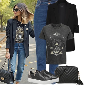 Dlouhé Outfit s Černá/Hnědá/Bílá Ledvinka/Klasická Taška Přes Rameno/Malá Taška/Taška na telefon/Brašna/Sportovní Taška Přes Rameno About You "Outfit na léto"