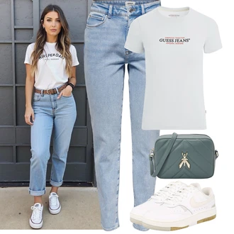 Outfit s Bílá/Béžová/Krémová/Khaki/Modrá Vintage Teniska/Letní Tenisky/Nízká Teniska/Teniska s dírkovaným vzorem/Úzká Teniska/Skate Bota/Kožené Tenisky Nike Sportswear "Outfit na léto"