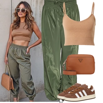Maskáčový Outfit s Tmavě zelená/Zelená Pumpová Kalhoty/Padáková Kalhoty/Dešťové kalhoty/Baggy Kalhoty/Kalhoty s nášivkou uprostřed Noisy may "Outfit na léto"