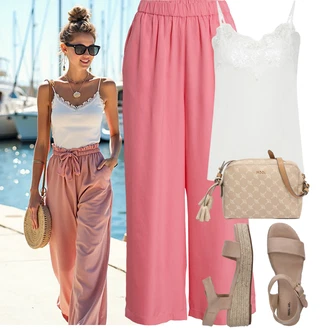 Outfit sa Smeđa/Bež Sandale Dianette Sandala/Sandala na čičak/Sandala s T Remenom/Rimska sandala/Ribarska sandala About You "Outfit na léto"