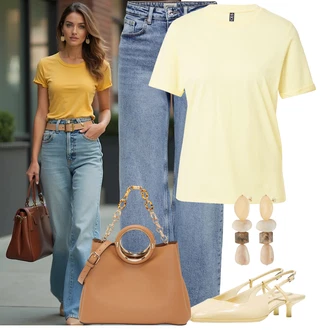 90-ich, Stil Outfit sa Svjetloplava/Plava Traperice Široke Nogavice/Formalna Košulja/Dad Traperice/Traperice s Prorezom/Mom Jean/Vrećaste Traperice/High Waist Traperice/Traperice Opuštenog Kroja/Vintage traperice/Culotte Traperice Only "Outfit u ljetnim bojama"Look: GoGo, Rap, Bad Taste, 90-ich, Vintage, Old Money, klasický