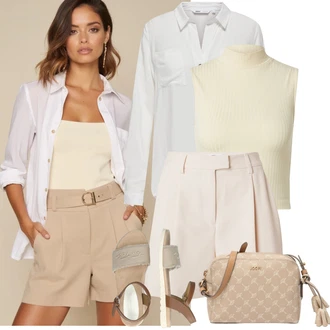 Dlouhé Outfit s Šedá/Krémová/Bílá/Khaki Blůza s knoflíčkem/Halenka s Dlouhým Rukávem/Blůza s nášivkou na lokti Only "Letní volnočasový outfit"